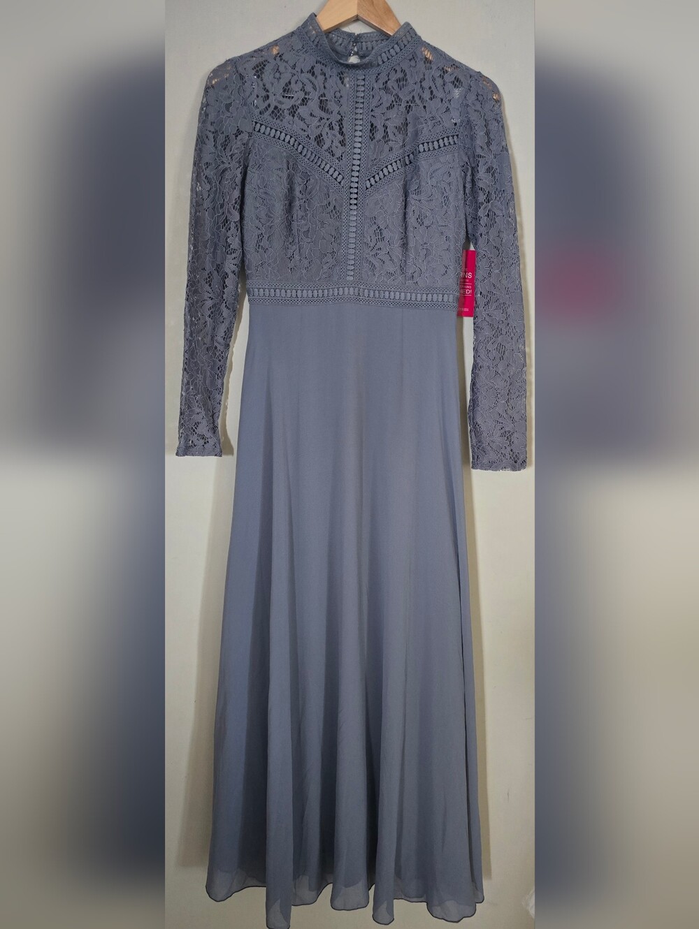 Little Mistress Elegant Tall Lace Bodice Long Sleeve Maxi Dress in Slate Gray
